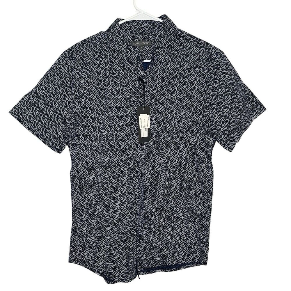 Slate And Stone Collared Short Sleeve Shirt Micro Dot Navy Blue White Men S NEW